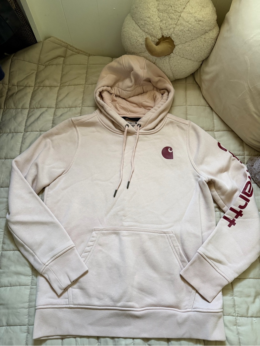 Carhartt Pale Pink Pullover Hoodie with Maroon Logo